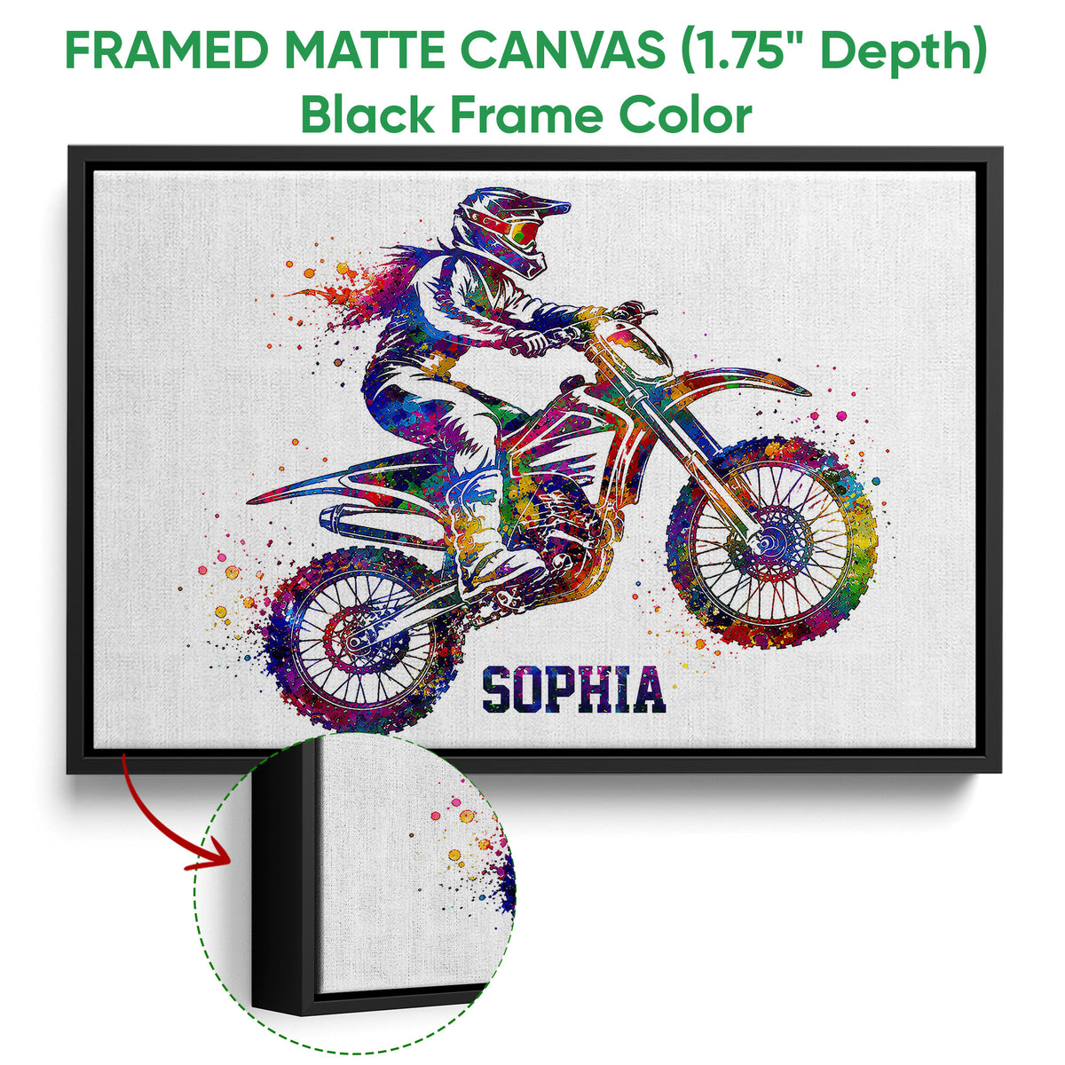 Black framed canvas motocross wall art with a colorful dirt bike rider