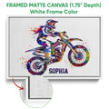White framed canvas motocross wall art featuring a colorful dirt bike rider