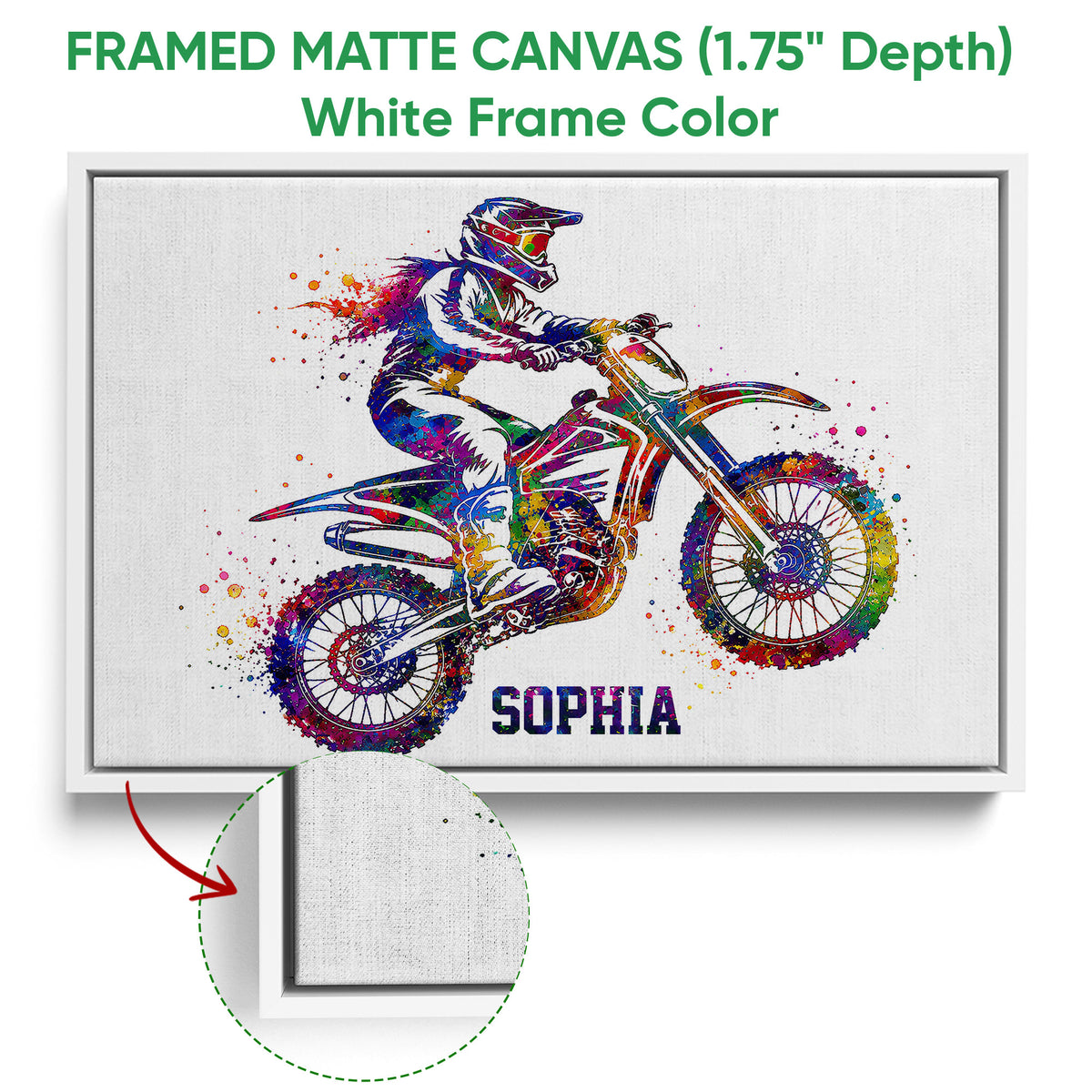 White framed canvas motocross wall art featuring a colorful dirt bike rider