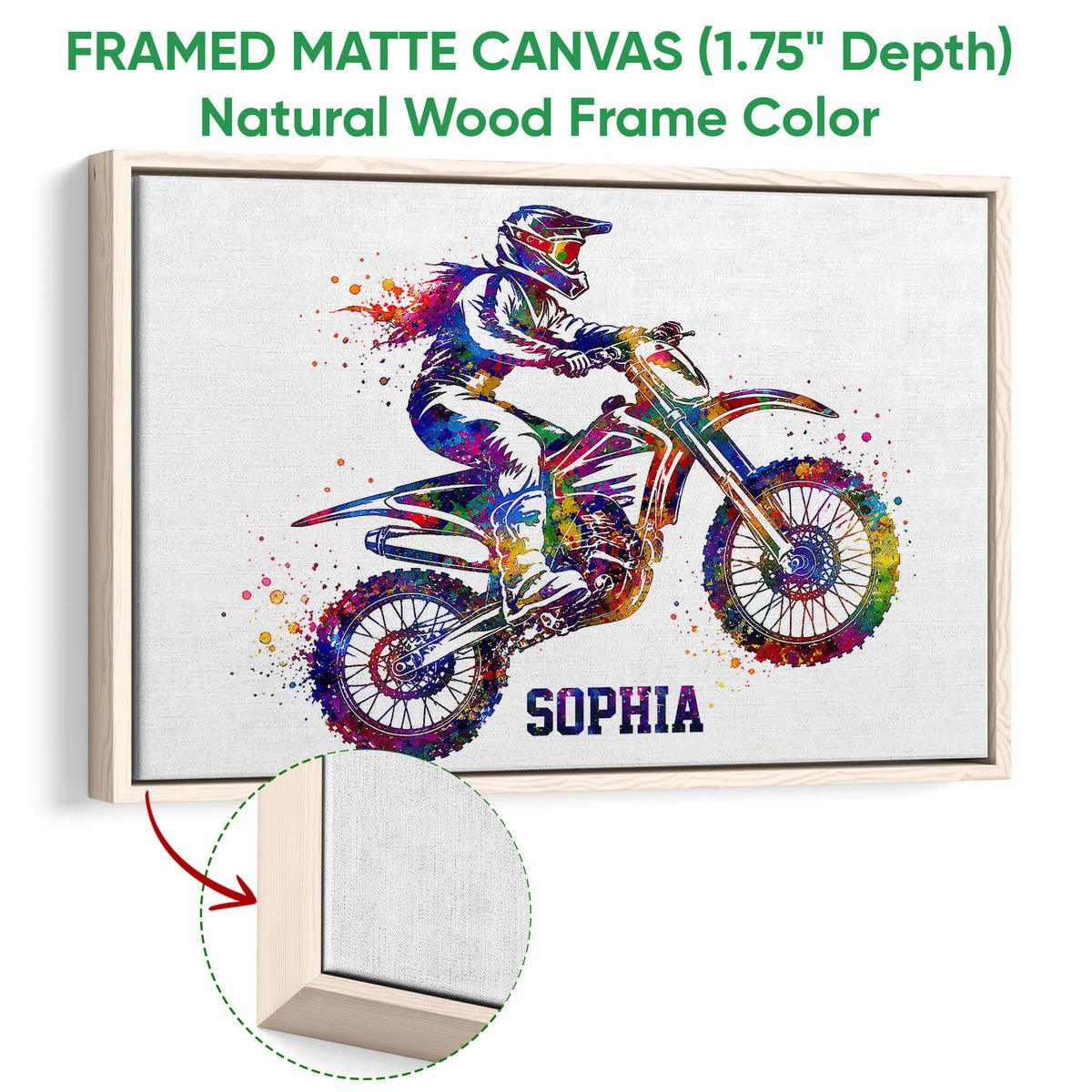 Natural wood framed canvas motocross wall art featuring a colorful dirt bike rider
