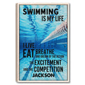 Swimming wall art in a natural wood frame with blue underwater pool imagery and bold motivational typography