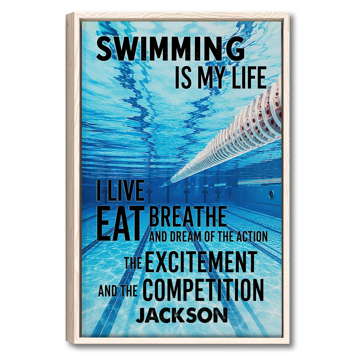 Swimming wall art in a natural wood frame with blue underwater pool imagery and bold motivational typography