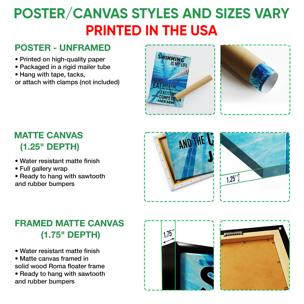 Swimming wall art format guide showing poster, matte canvas and framed canvas presentation options