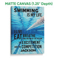 Matte canvas swimming wall art with blue pool water, lane markings and bold motivational typography