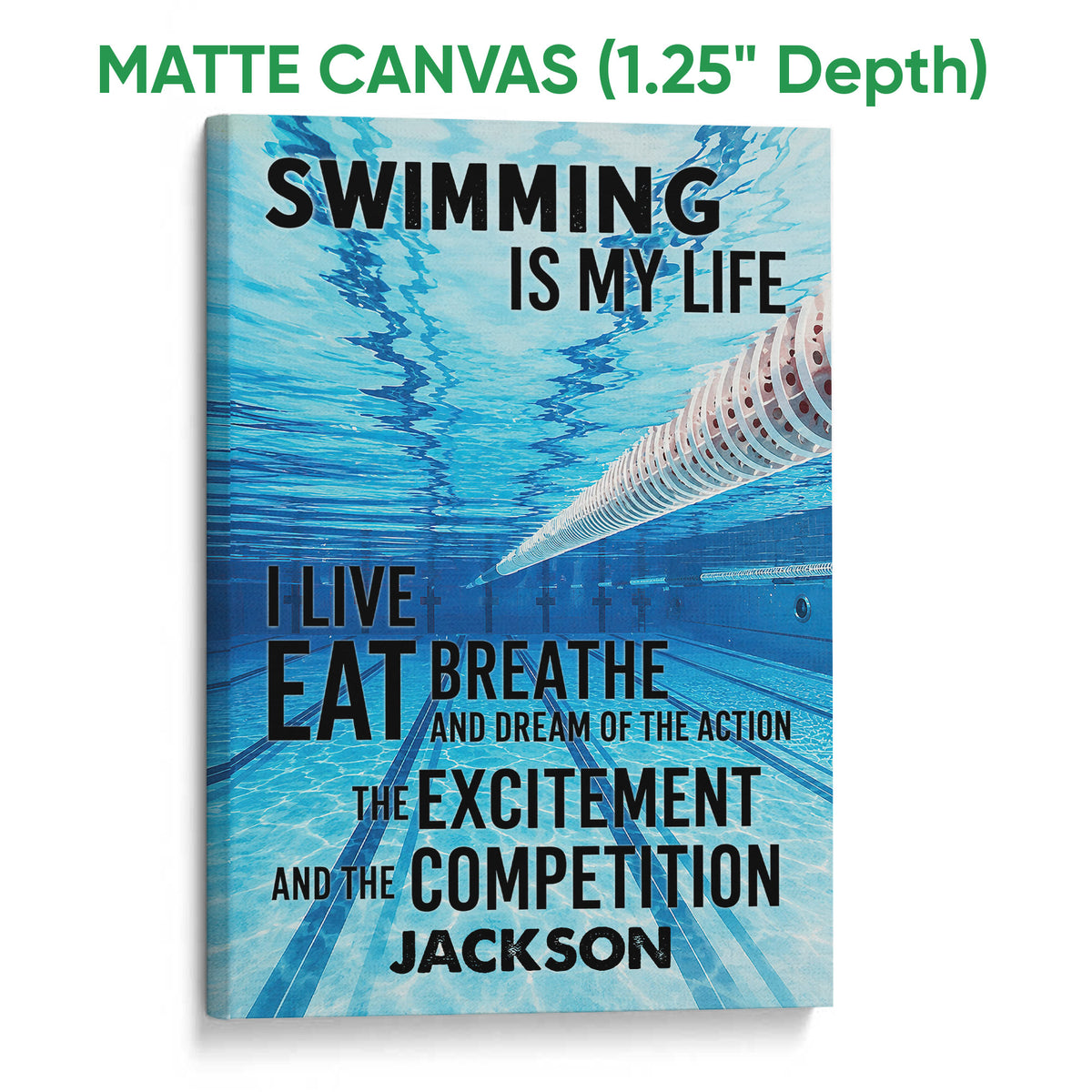 Matte canvas swimming wall art with blue pool water, lane markings and bold motivational typography