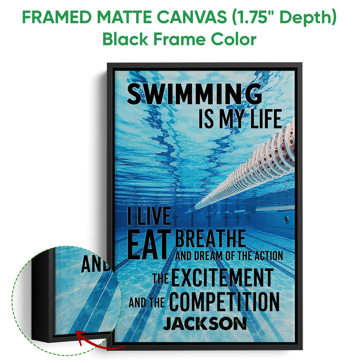 Framed swimming canvas wall art shown with a black frame and detailed underwater pool imagery