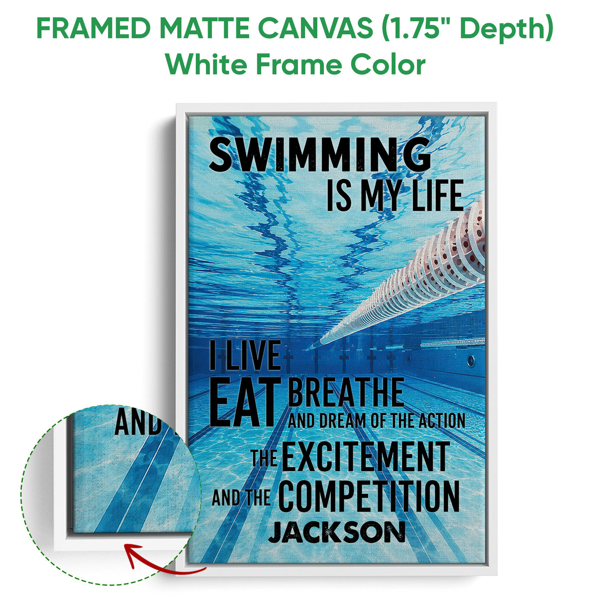 Framed swimming canvas wall art shown with a white frame and vibrant blue pool scene