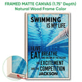 Framed swimming wall art shown with a natural wood frame and close-up canvas detail
