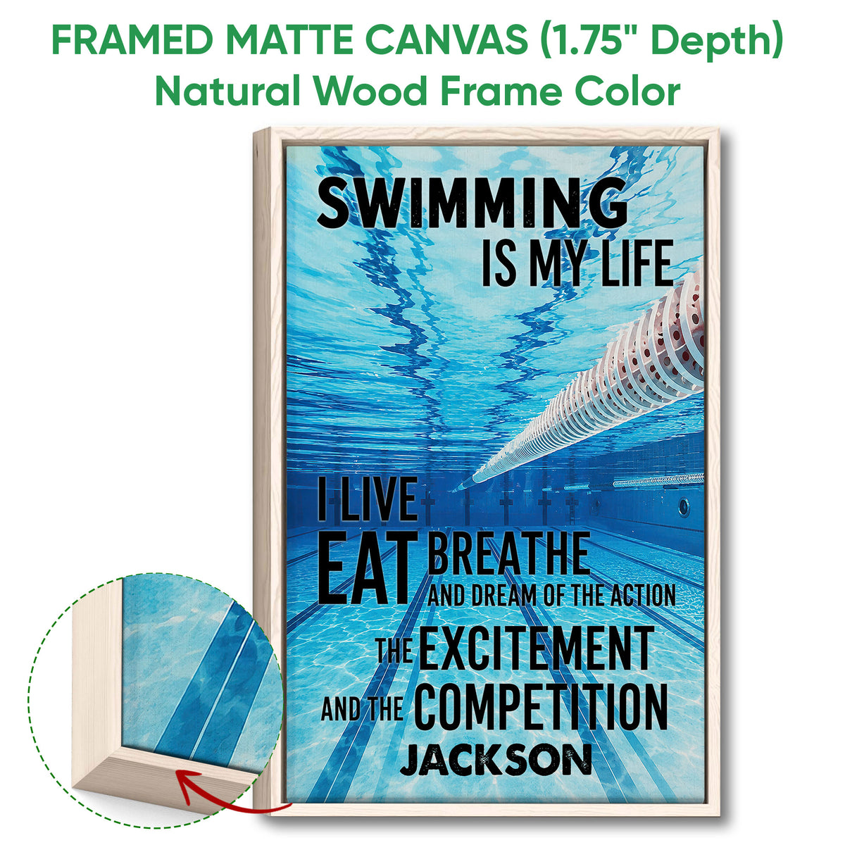 Framed swimming wall art shown with a natural wood frame and close-up canvas detail