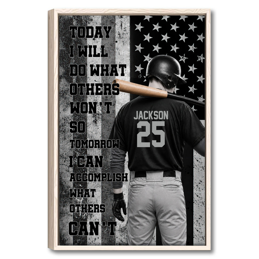 Framed baseball wall art featuring a batter, stars, bold motivational design and monochrome sports styling