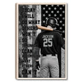 Framed baseball wall art featuring a batter, stars, bold motivational design and monochrome sports styling