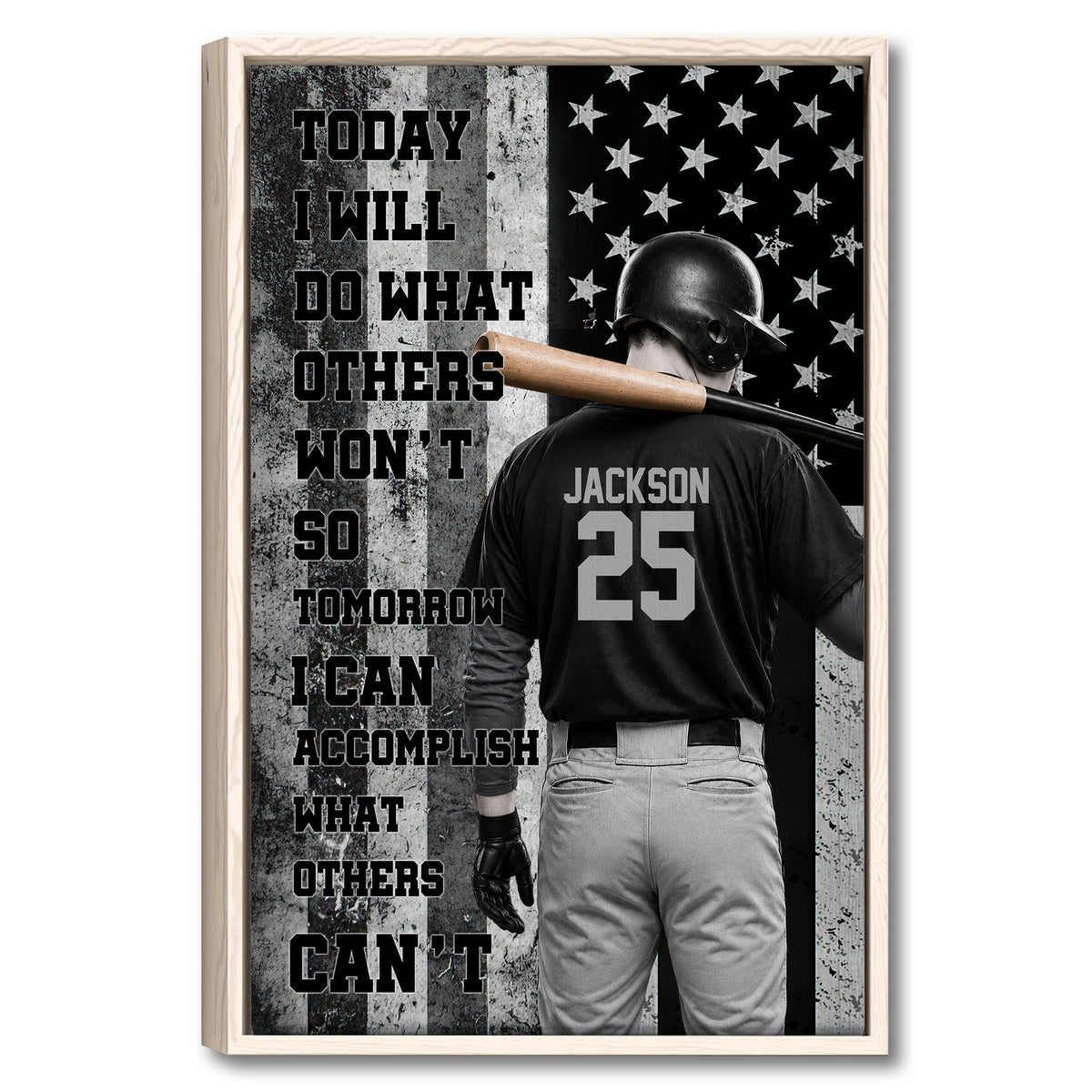 Framed baseball wall art featuring a batter, stars, bold motivational design and monochrome sports styling