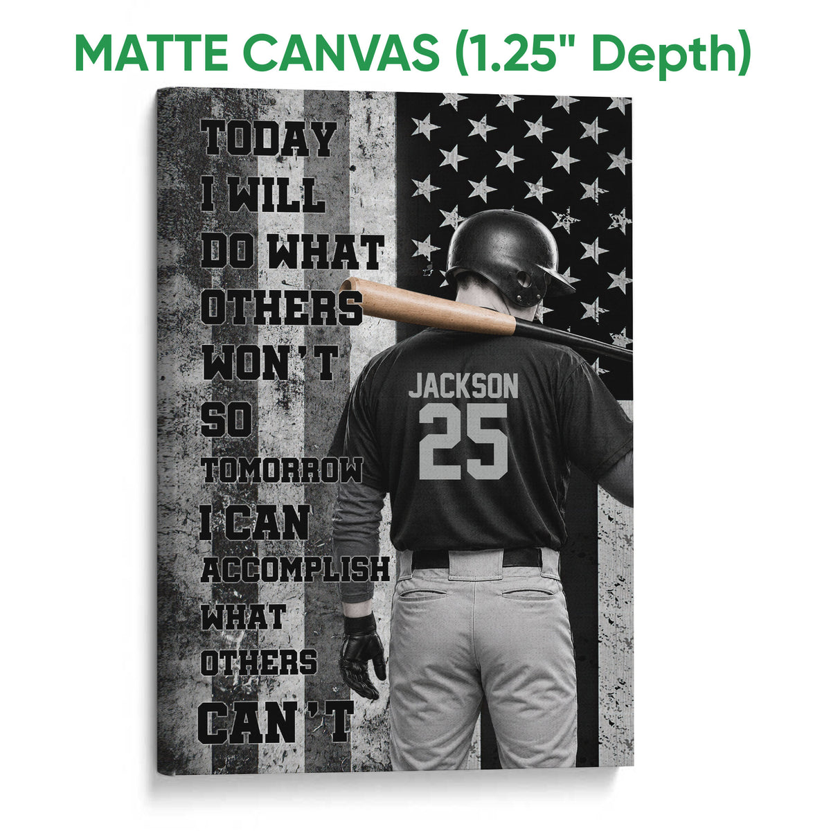 Matte canvas baseball wall art featuring a batter, bat, stars and bold black and gray design