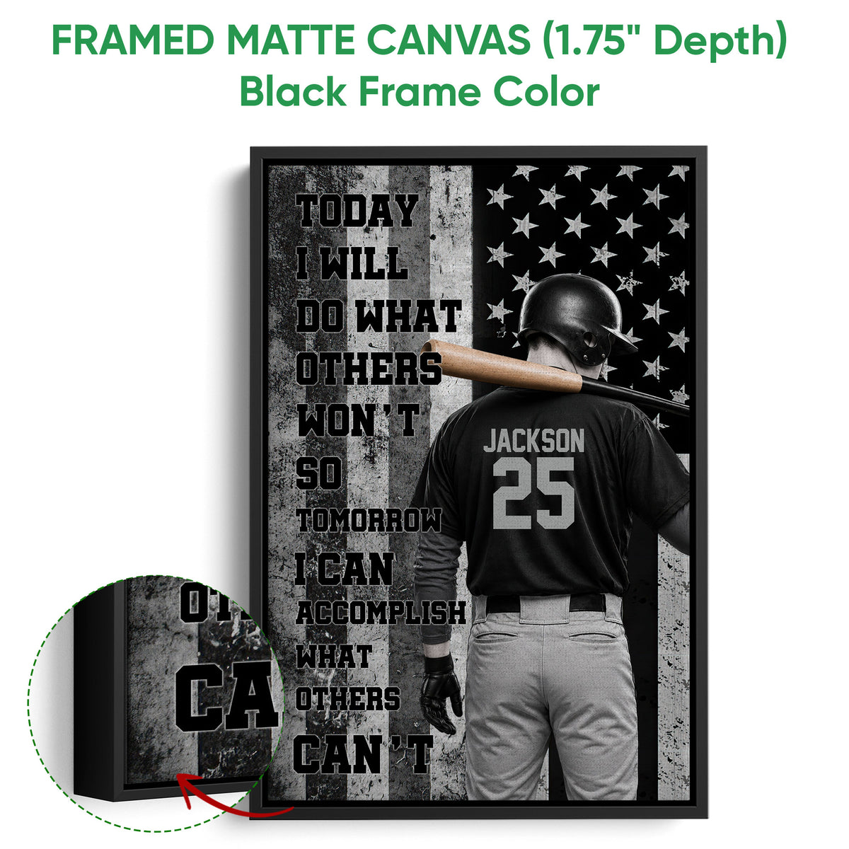 Black framed canvas baseball wall art with a helmeted batter, bat and high-contrast motivational design