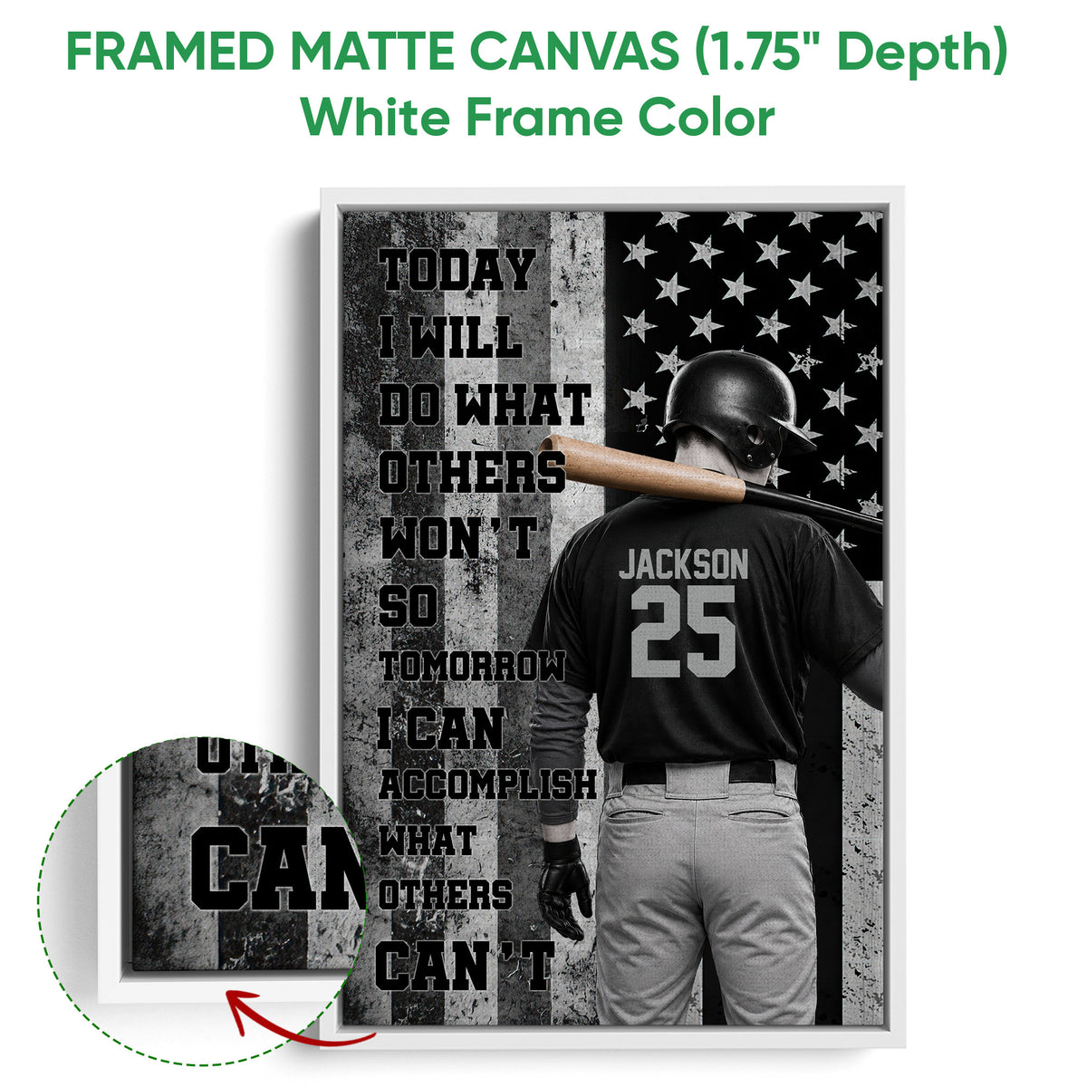 White framed canvas baseball wall art featuring a batter, bat, stars and monochrome sports artwork