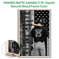 Natural wood framed baseball wall art featuring a batter, bat and bold black and gray sports design