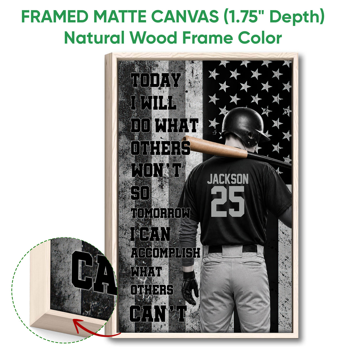 Natural wood framed baseball wall art featuring a batter, bat and bold black and gray sports design