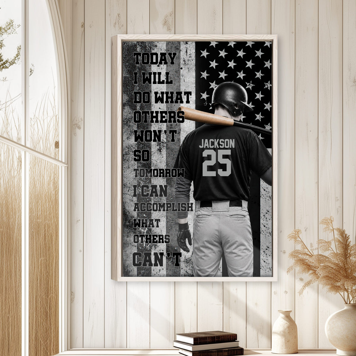Baseball wall art displayed in a bright home interior with light wood paneling and neutral decor