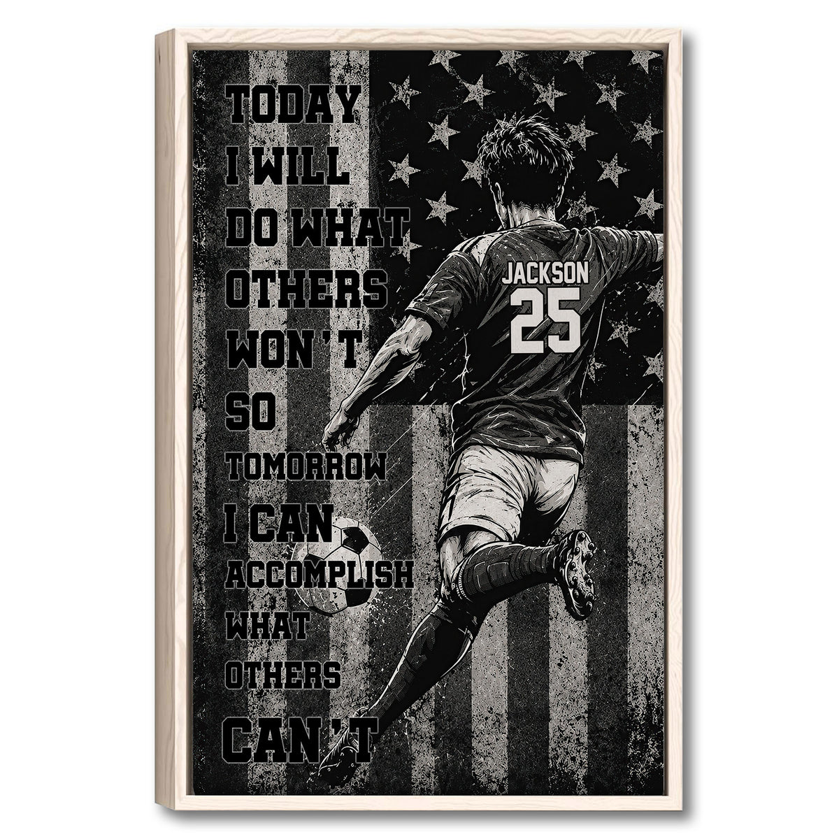 Framed soccer wall art featuring a player, soccer ball, starry background, and bold motivational typography