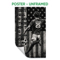Unframed soccer poster displaying a dynamic player with a soccer ball against distressed black and white stripes