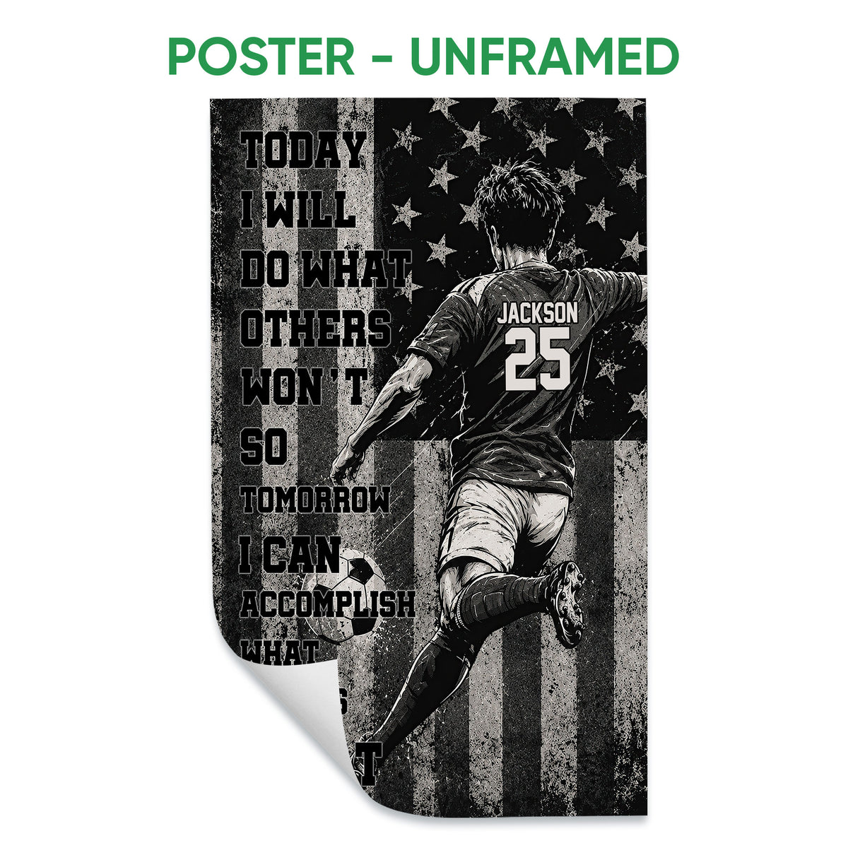Unframed soccer poster displaying a dynamic player with a soccer ball against distressed black and white stripes