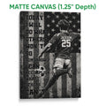 Matte canvas soccer wall art featuring a kicking player, soccer ball, star pattern, and motivational design