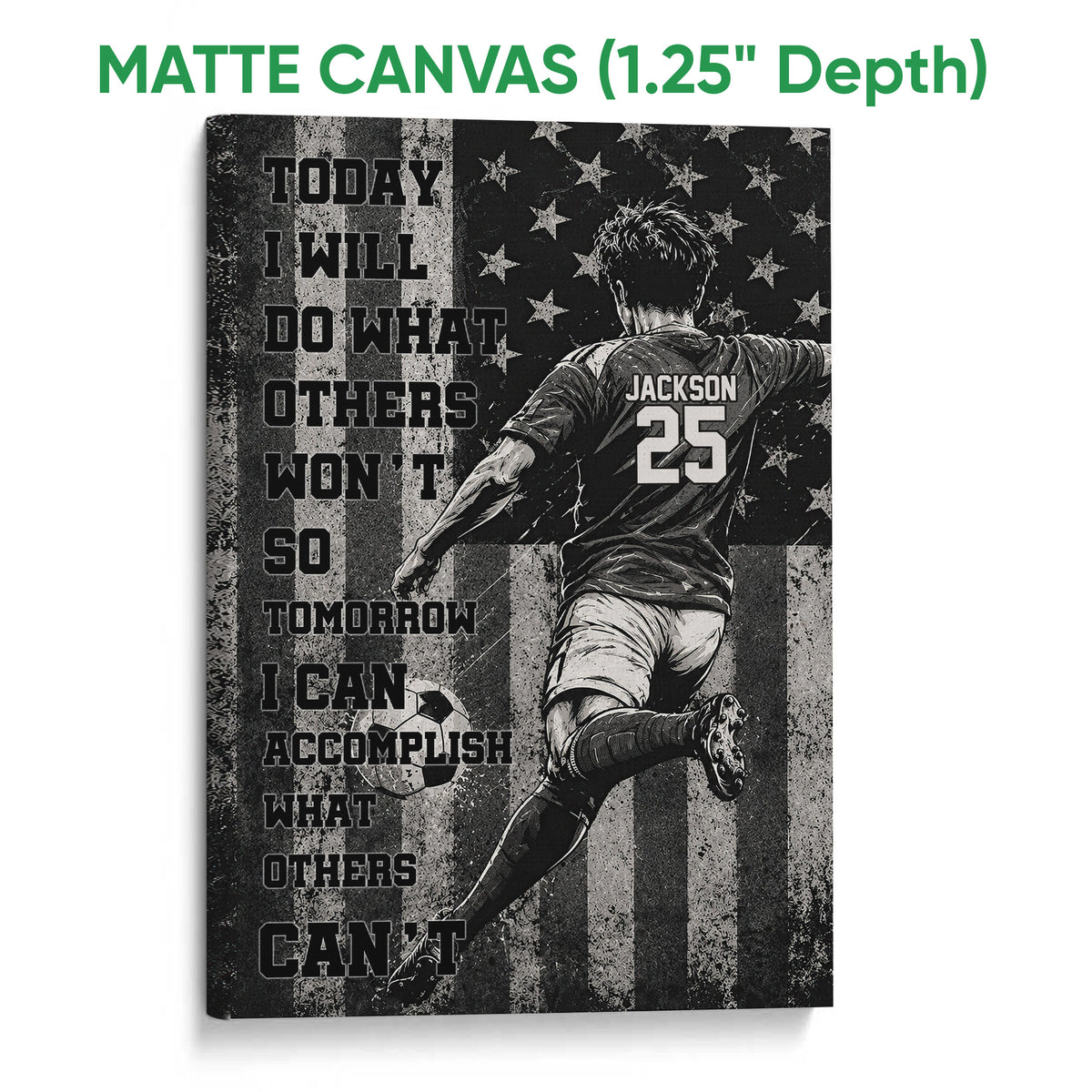 Matte canvas soccer wall art featuring a kicking player, soccer ball, star pattern, and motivational design