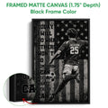 Black framed canvas soccer wall art with a bold player illustration, distressed texture, and close-up frame detail