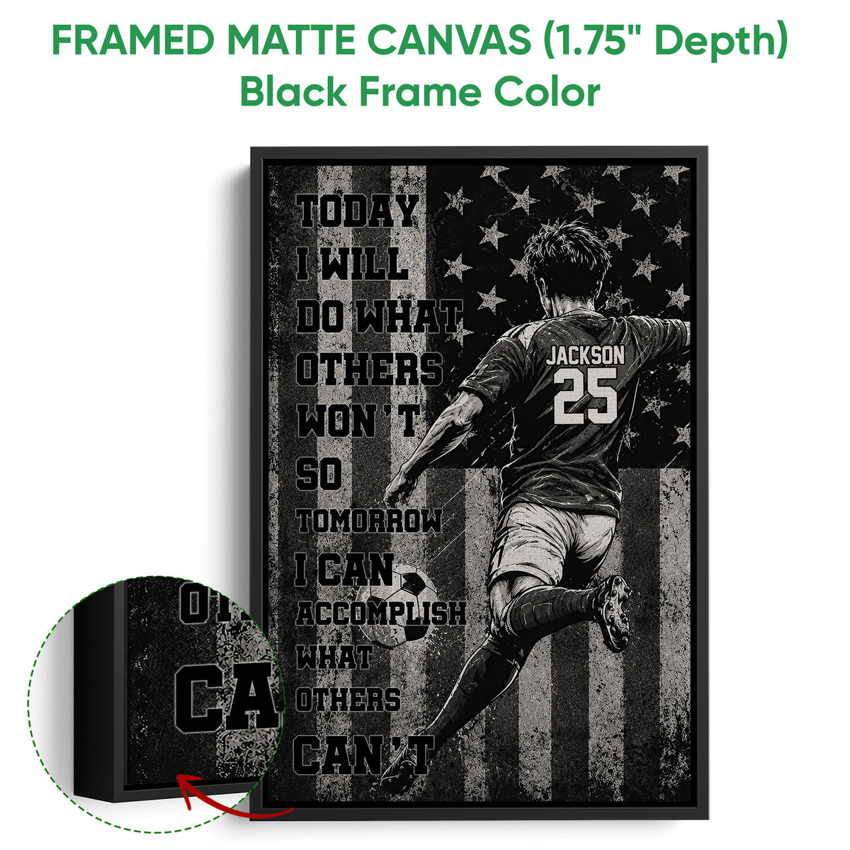 Black framed canvas soccer wall art with a bold player illustration, distressed texture, and close-up frame detail