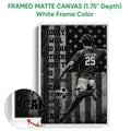 White framed canvas soccer wall art showing a dynamic player design with a close-up of the frame edge