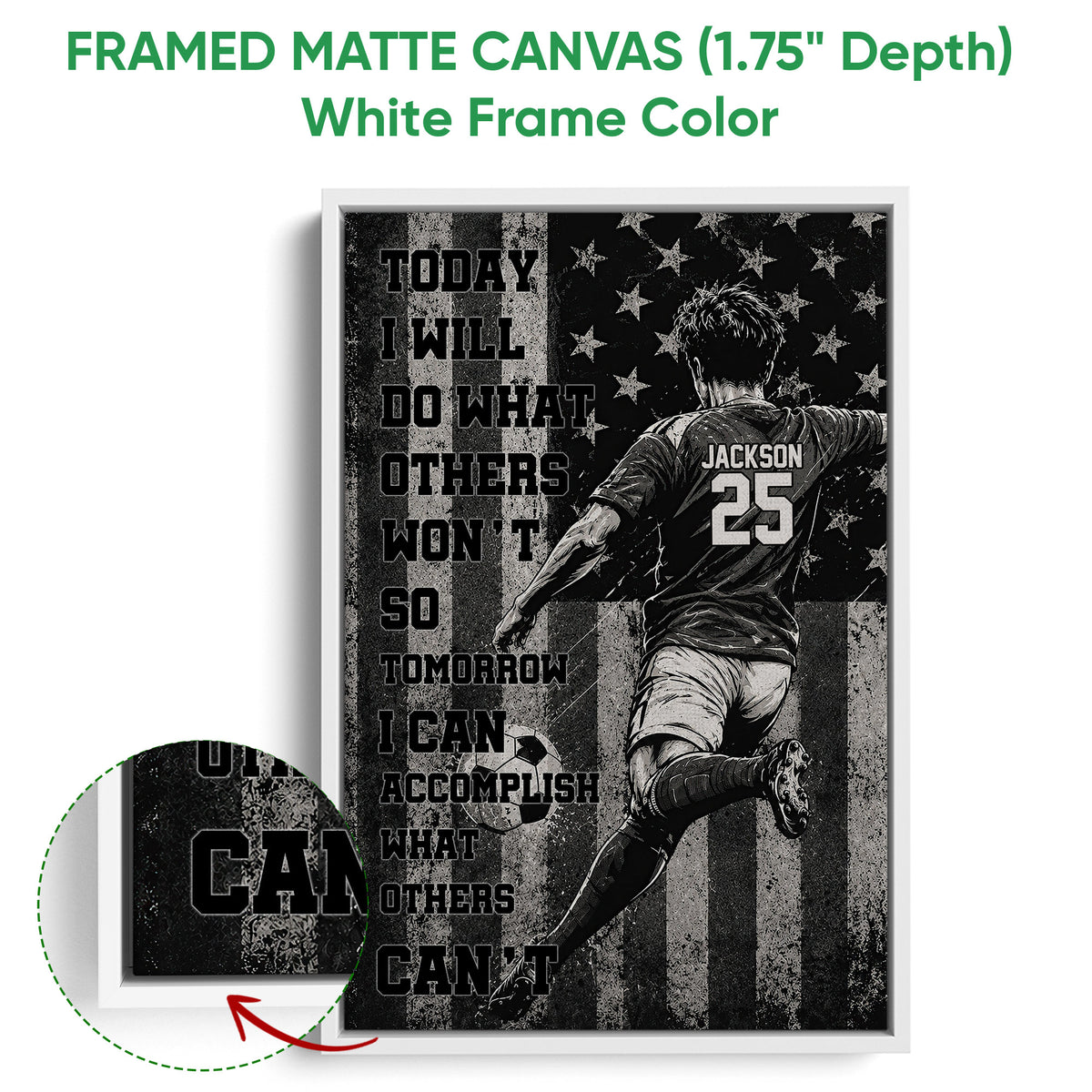 White framed canvas soccer wall art showing a dynamic player design with a close-up of the frame edge