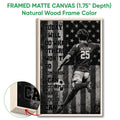 Natural wood framed soccer wall art with a dynamic player illustration and close-up of the wood frame