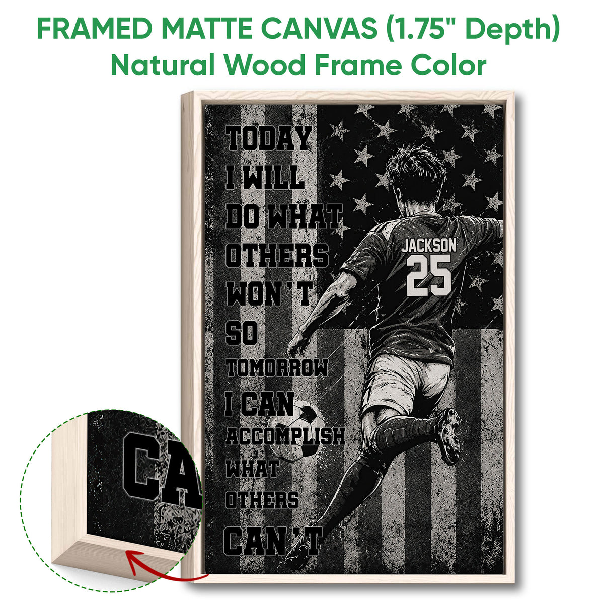 Natural wood framed soccer wall art with a dynamic player illustration and close-up of the wood frame