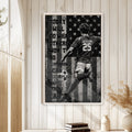 Soccer wall art displayed in a bright wood-paneled room above a small stack of books