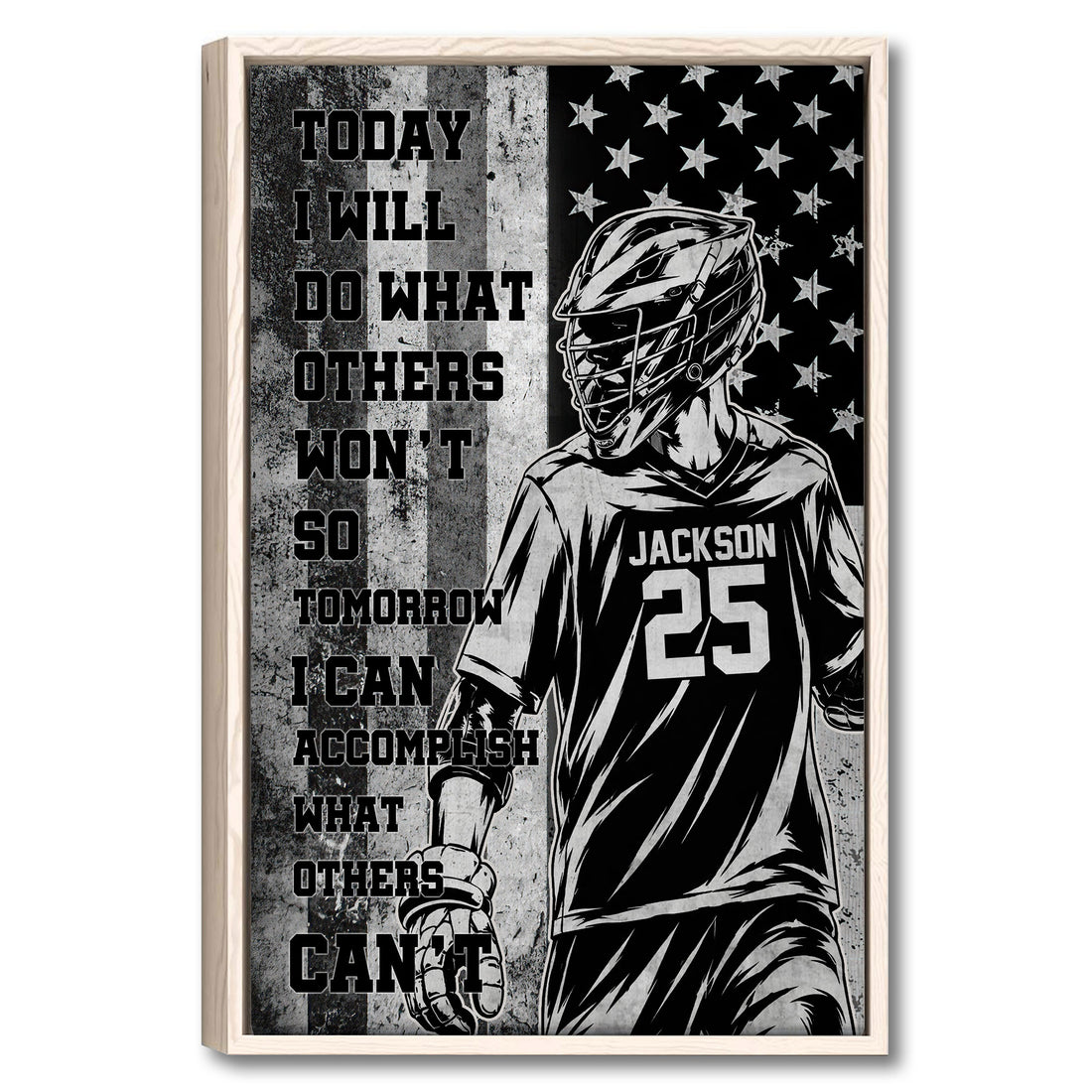 Framed lacrosse wall art featuring a helmeted player, stars, grayscale textures, and motivational typography