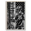 Framed lacrosse wall art featuring a helmeted player, stars, grayscale textures, and motivational typography