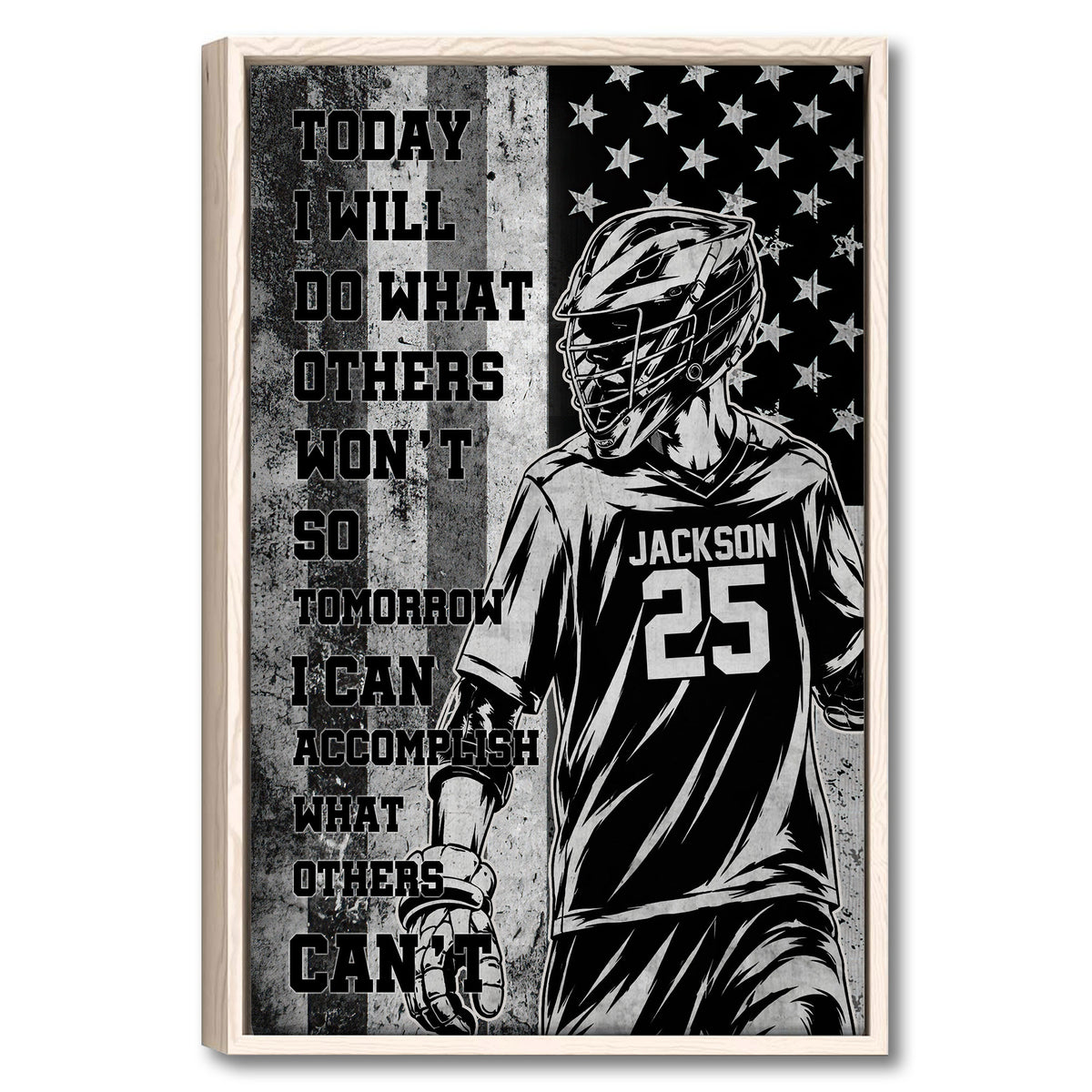 Framed lacrosse wall art featuring a helmeted player, stars, grayscale textures, and motivational typography