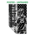 Unframed lacrosse poster with a helmeted player, star background, grayscale artwork, and motivational design