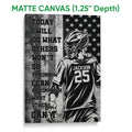 Matte canvas lacrosse wall art showing a helmeted player, star pattern, grayscale artwork, and textured background