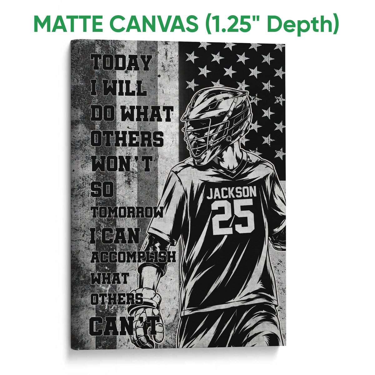 Matte canvas lacrosse wall art showing a helmeted player, star pattern, grayscale artwork, and textured background