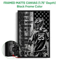 Black framed lacrosse canvas wall art with a helmeted player, stars, and bold grayscale motivational artwork