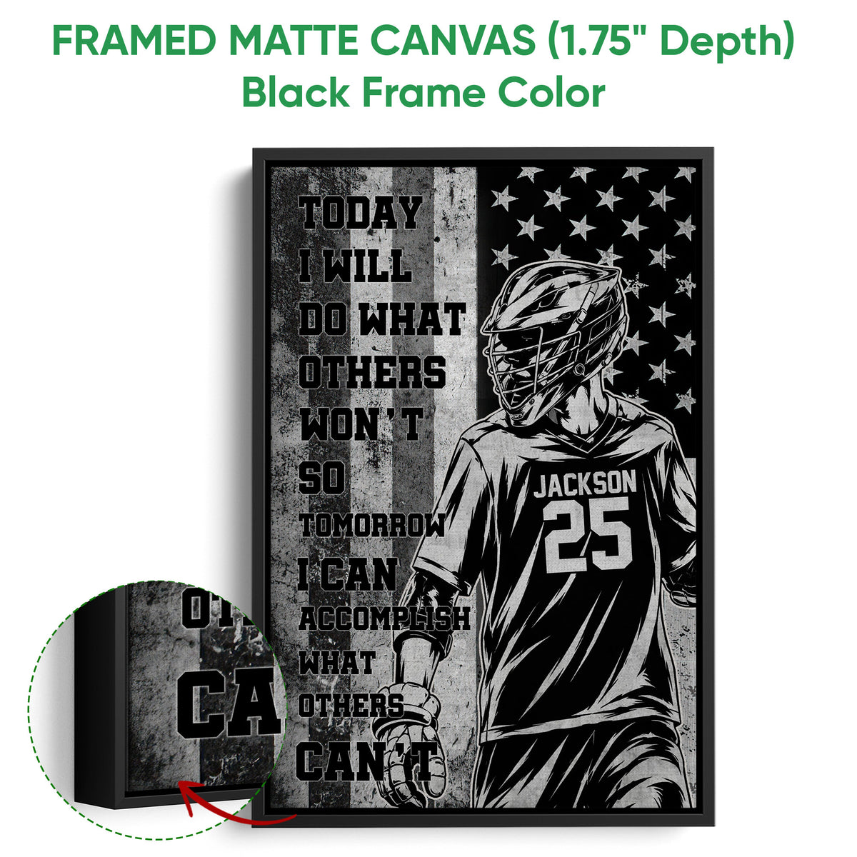 Black framed lacrosse canvas wall art with a helmeted player, stars, and bold grayscale motivational artwork