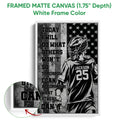 White framed lacrosse canvas wall art with a helmeted player, star background, and bold grayscale design