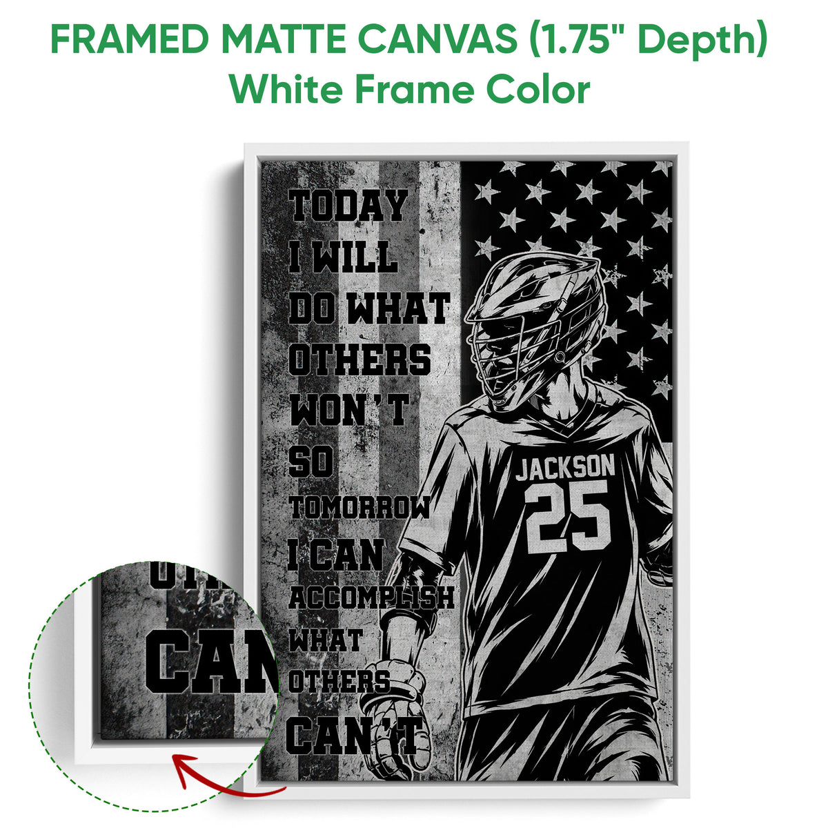 White framed lacrosse canvas wall art with a helmeted player, star background, and bold grayscale design