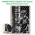 Natural wood framed lacrosse wall art featuring a helmeted player and distressed grayscale sports artwork