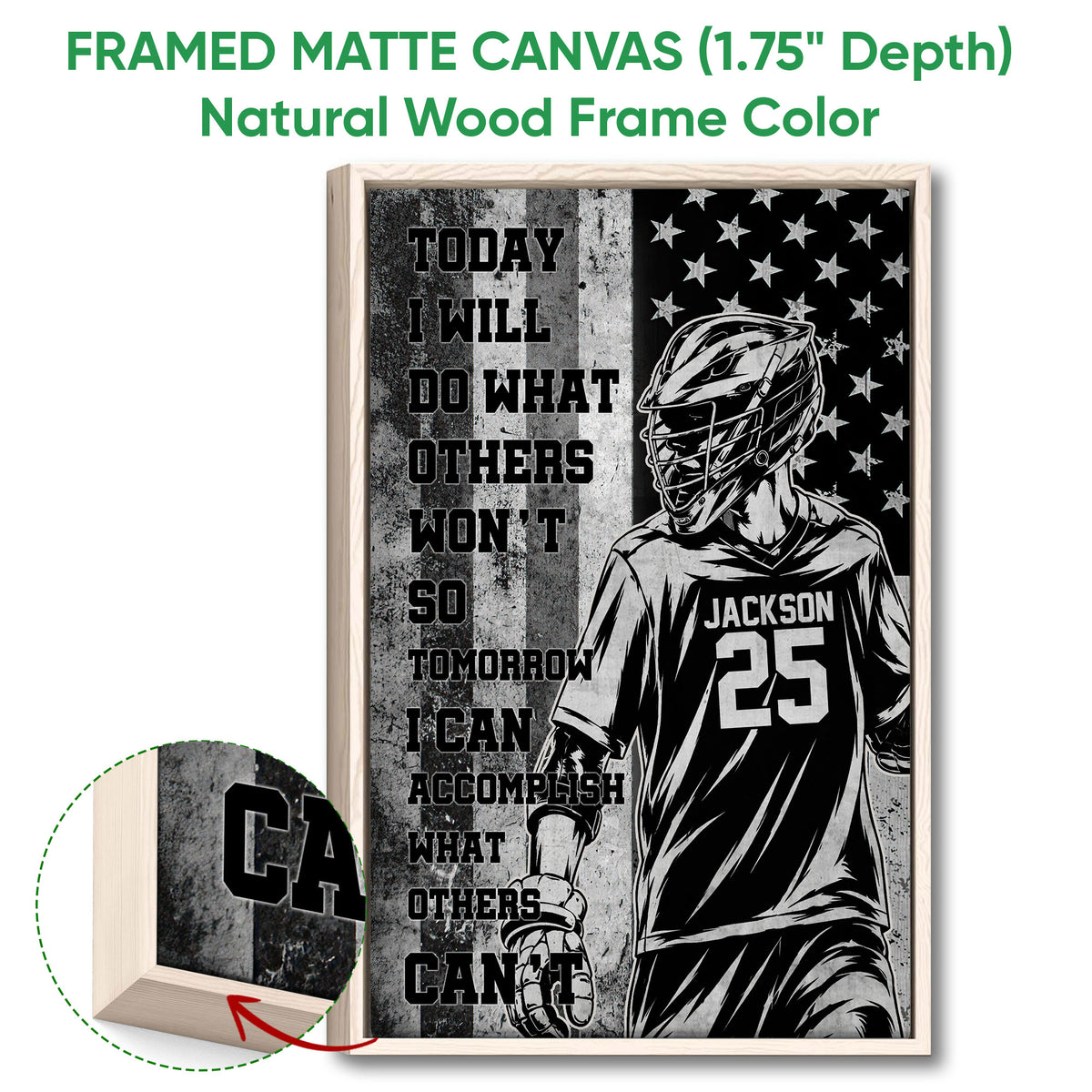 Natural wood framed lacrosse wall art featuring a helmeted player and distressed grayscale sports artwork