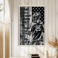 Framed lacrosse wall art displayed on a light wood-paneled wall in a bright home interior