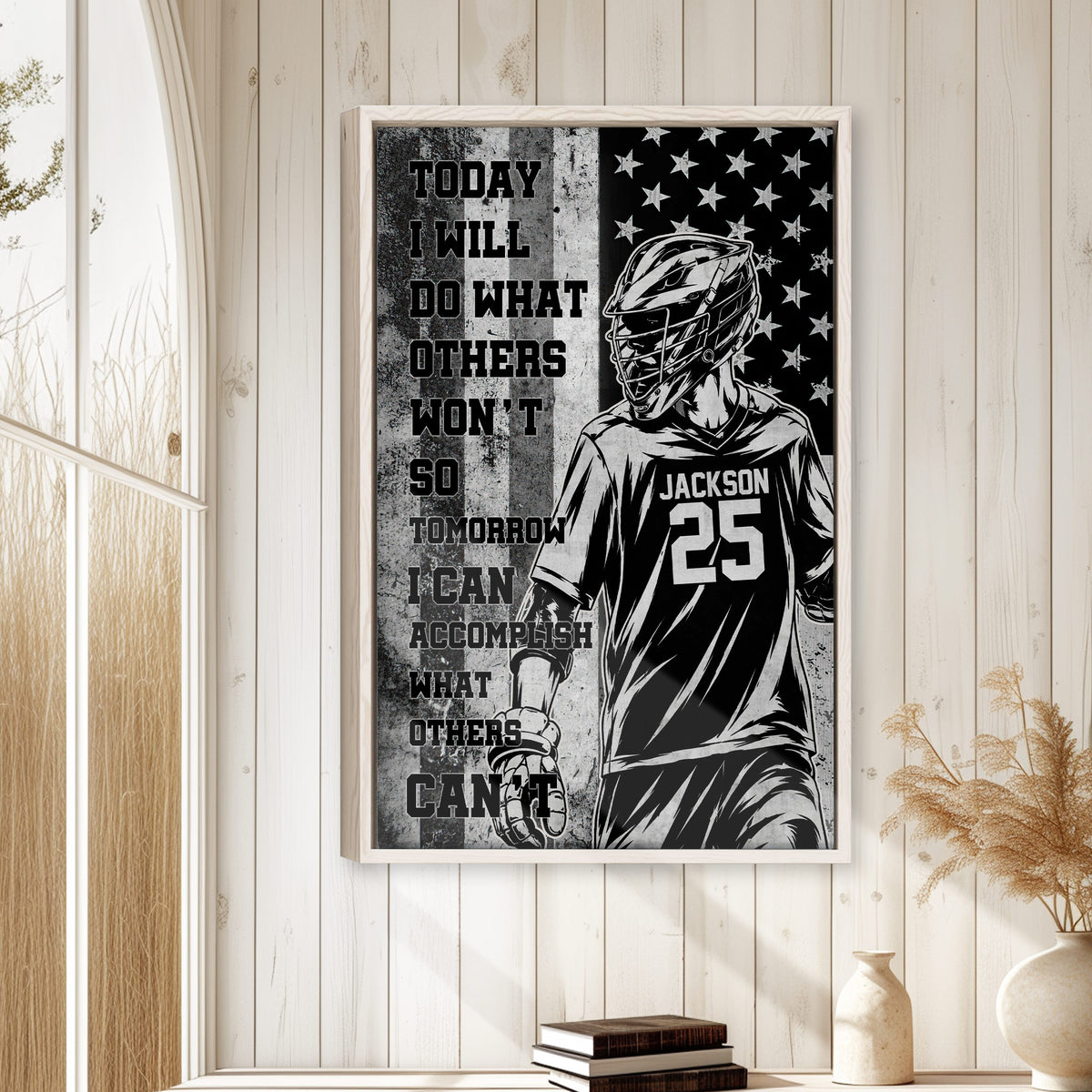 Framed lacrosse wall art displayed on a light wood-paneled wall in a bright home interior