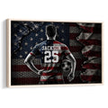 Framed soccer wall art showing a player with a soccer ball against a dramatic red, white, and blue background