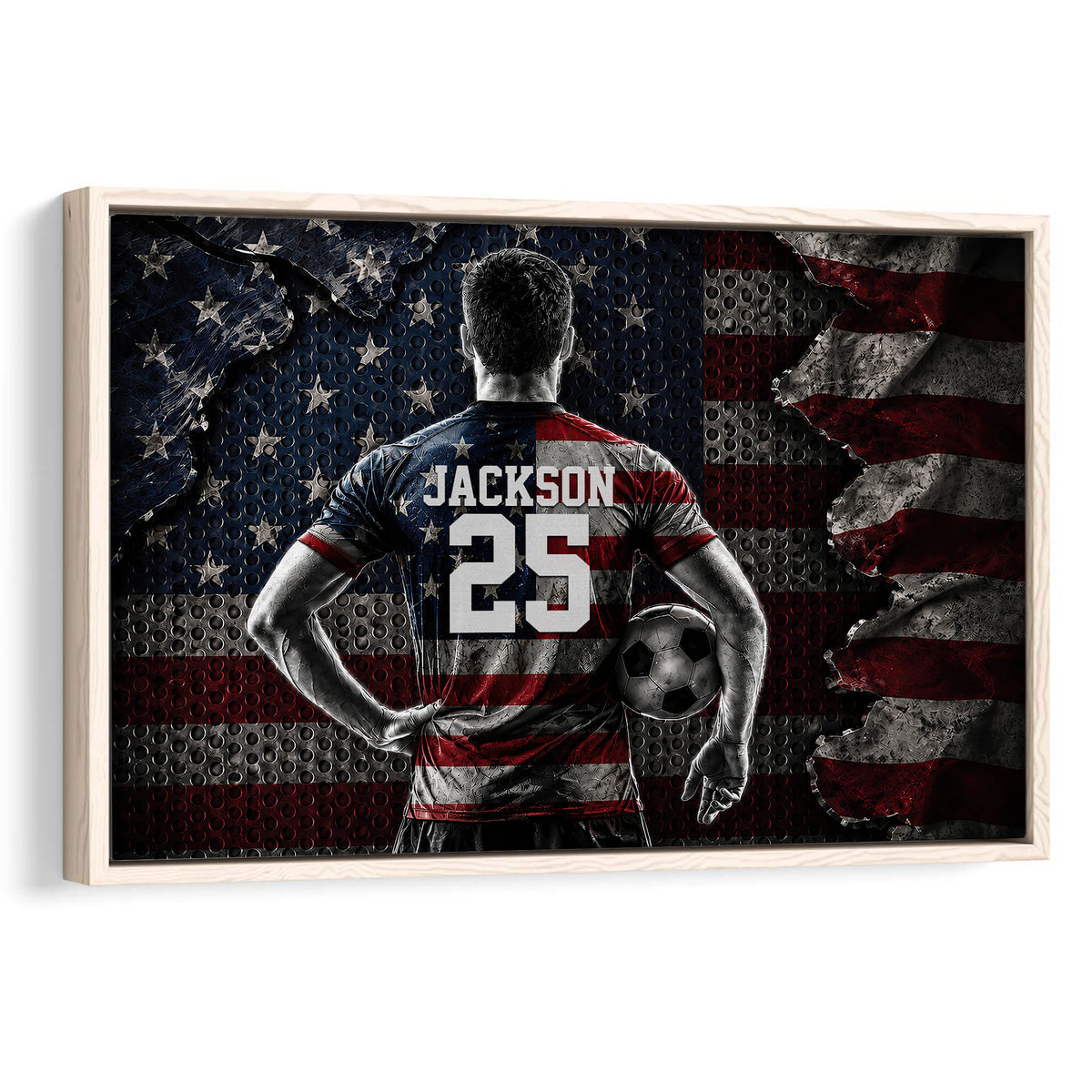 Framed soccer wall art showing a player with a soccer ball against a dramatic red, white, and blue background